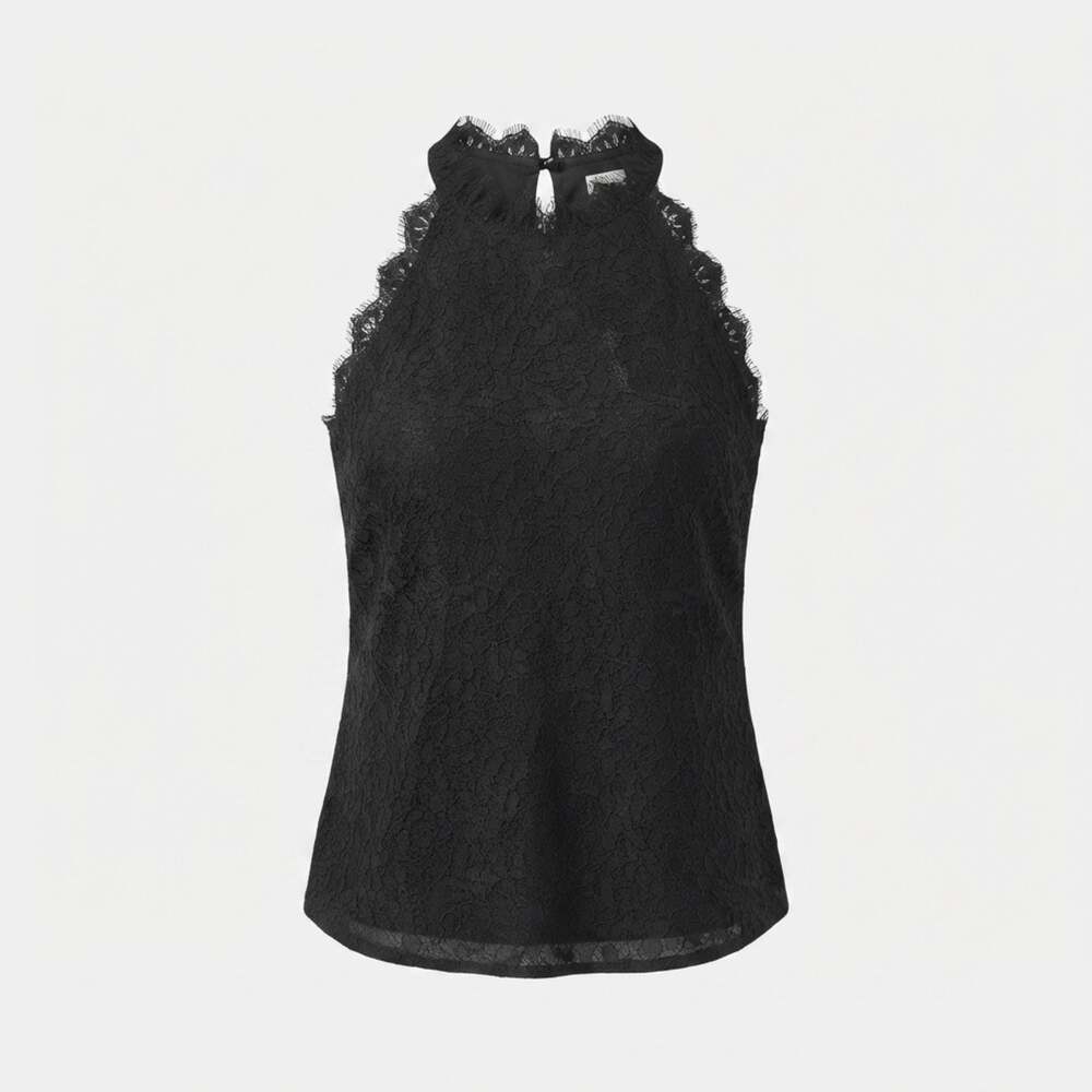 Berryou Womens Black Lace Halter Neck Sleeveless Tank Top Large